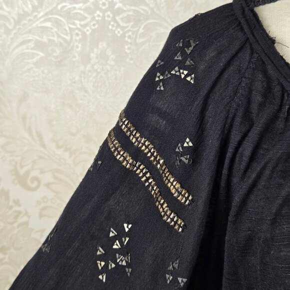 Free People Size Small Black Peasant Top Tie Scoop Neck Long Sleeve Embellished - Picture 3 of 16